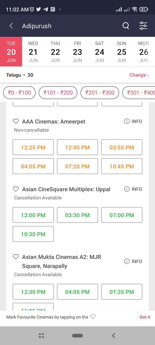 #Adipurush 60+ ff/so shows in all languages as of now in Hyderabad 

#AdipurushBookings 
#AdipurushCelebrations