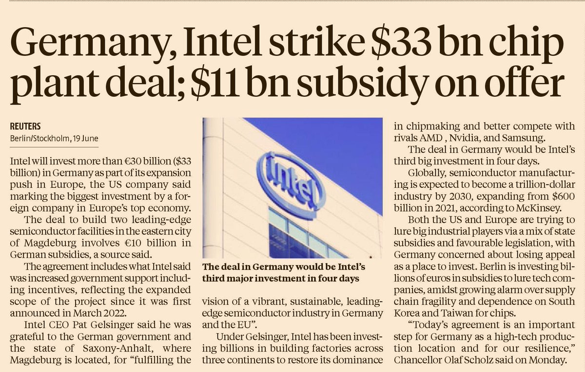 Intel gets 30% capital subsidy from Germany while prolific economist Rajan is whining about how 4% in PLI is ruining Bapu's idea of India :)