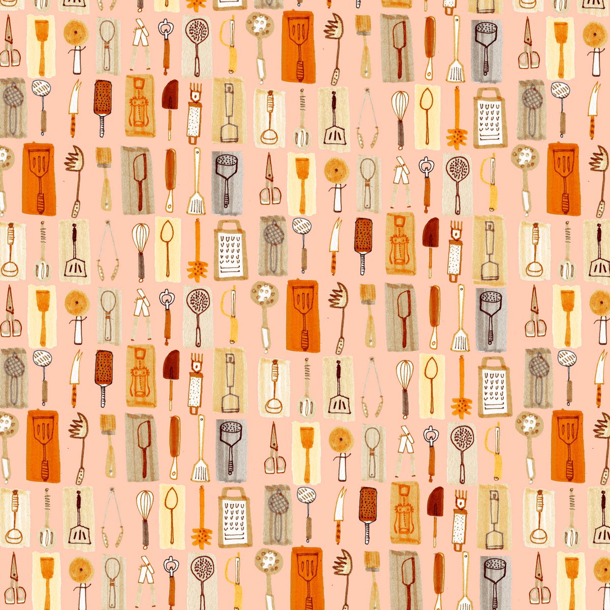 A recent kitchen utensils drawing- repeated and recoloured. #pattern #kitchenutensils #surfacepattern #ArtistOnTwitter #thedailysketch