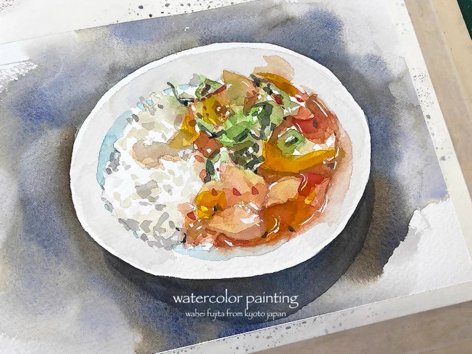 昼ごはん。←麻婆丼。アルシュの方が高価だな^ ^ #Watercolor #スケッチ #水彩画 #水彩画ワークショップ #京都の絵画教室 #淡彩略画 #風景画 #透明水彩 #京都水彩画塾 #藤田わへい
