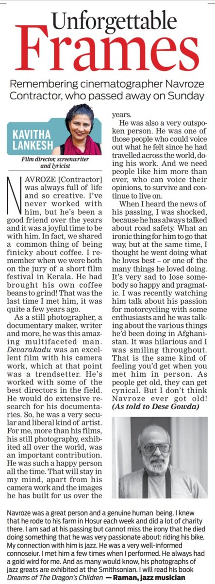 Filmmaker @KavithaLankesh remembers renowned cinematographer and motoring enthusiast #NavrozeContractor, who passed away on Sunday @dese_gowda @santwana99 @Cloudnirad @NewIndianXpress @tniefeatures newindianexpress.com/cities/bengalu…
