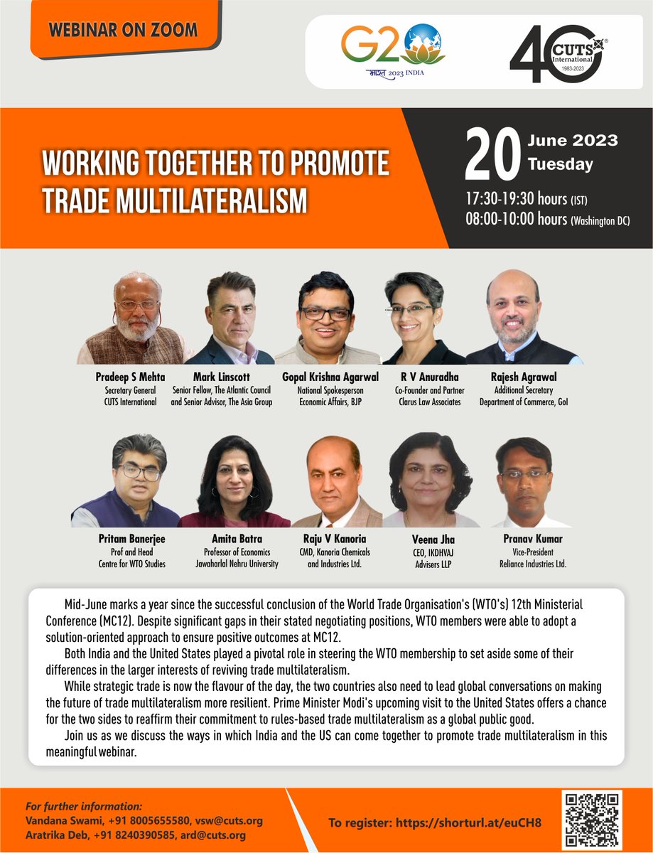 CUTSGlobal's tweet photo. Join us #TODAY
#CUTSWebinar: "#WorkingTogether to Promote #TradeMultilateralism"
Tuesday, June 20, 2023 | 17:30 hours - 19:30 hours (IST) | 08:00 hours - 10:00 hours (#WashingtonDC)
#Registration link: https://t.co/qlPjqp2uHd
@Psm_cuts @AnuradhaRV @aratrika06 https://t.co/7MMqk5WSAp