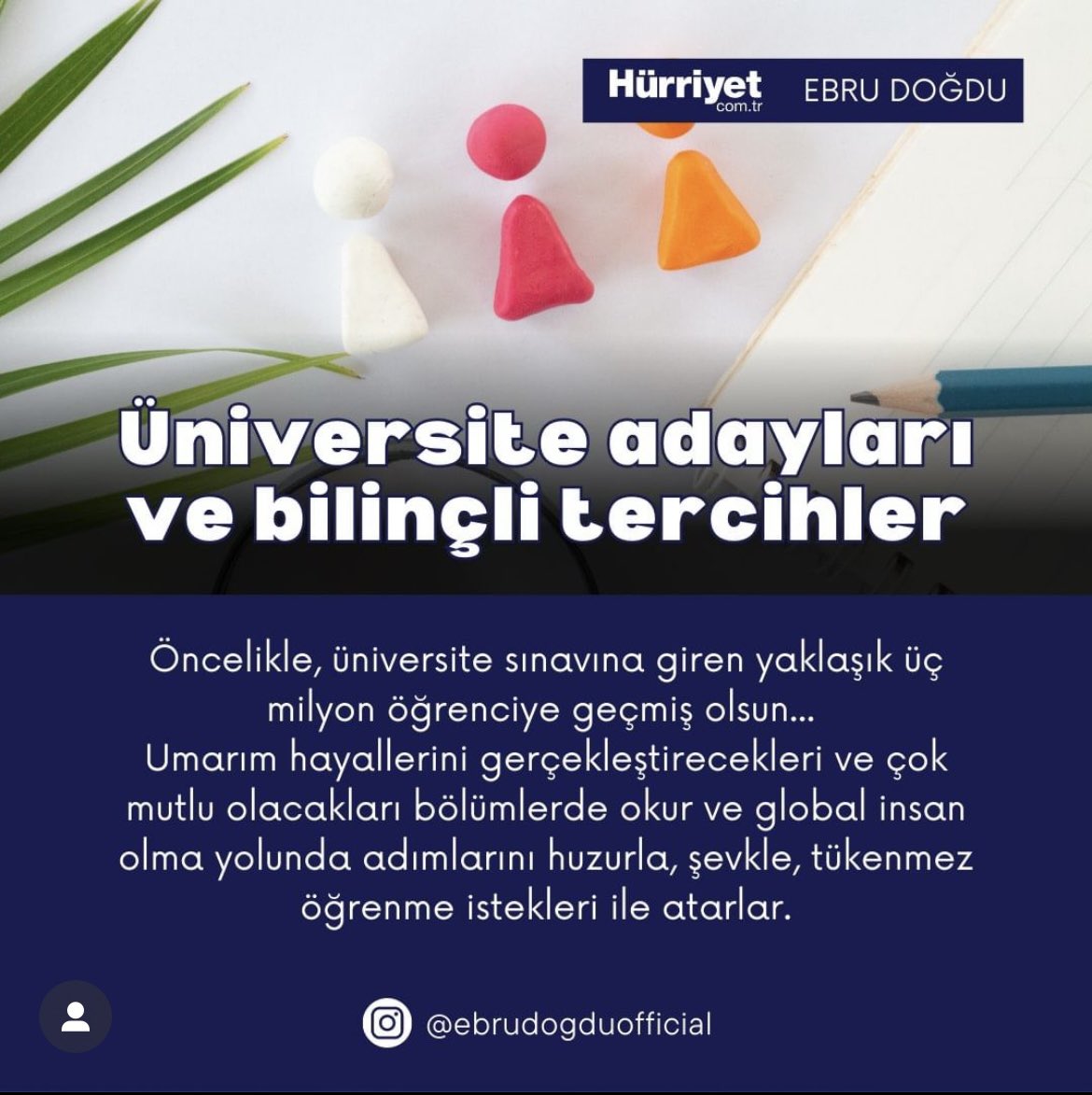 Üniversite Tercih döneminde mutlaka danışmanlık alın. Yazımın tamamını okumak için link burada👉 hurriyet.com.tr/yazarlar/ebru-…