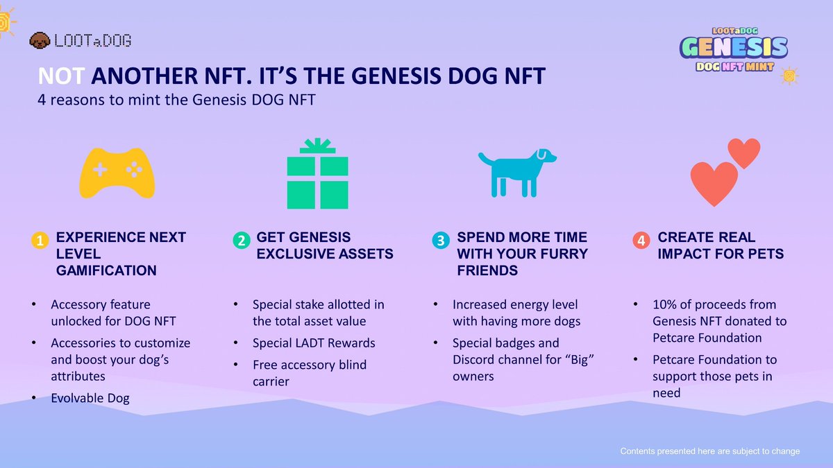 ❣️ 4 Reasons To Mint Genesis DOG NFT ❣️

1⃣ Experience LOOTaDOG’s next-level gamification. 🎮
2⃣ Get Genesis exclusive assets. 🏆
3⃣ Spend more time with furbabies. 🐶
4⃣ Create real impact for pets in need. 🦮

Just a quick recap! 😎

Check our past tweets and Discord for more…