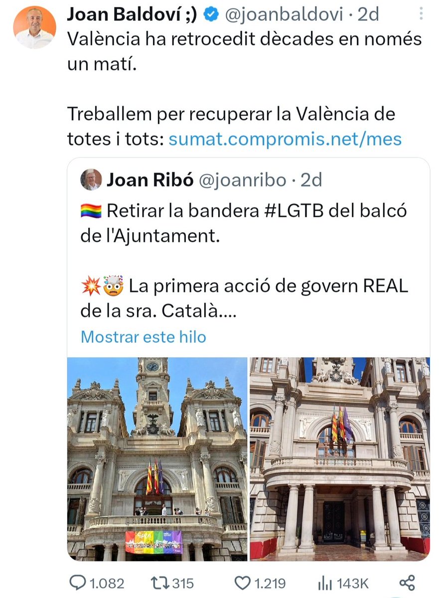 ⭕️ | PRIMERA MENTIRA EN EL PRIMER DÍA POR LA RETIRADA DE LA BANDERA LGTBI DEL AYTO DE VALENCIA.

𝙈𝙖𝙣𝙞𝙥𝙪𝙡𝙖𝙘𝙞ó𝙣 𝙮 𝙢𝙚𝙣𝙩𝙞𝙧𝙖𝙨 por Compromís cuando aún no se había tomado ni posesión del cargo.

Esta es la calaña de los que nos gobernaron 8 años, casi 72 hrs