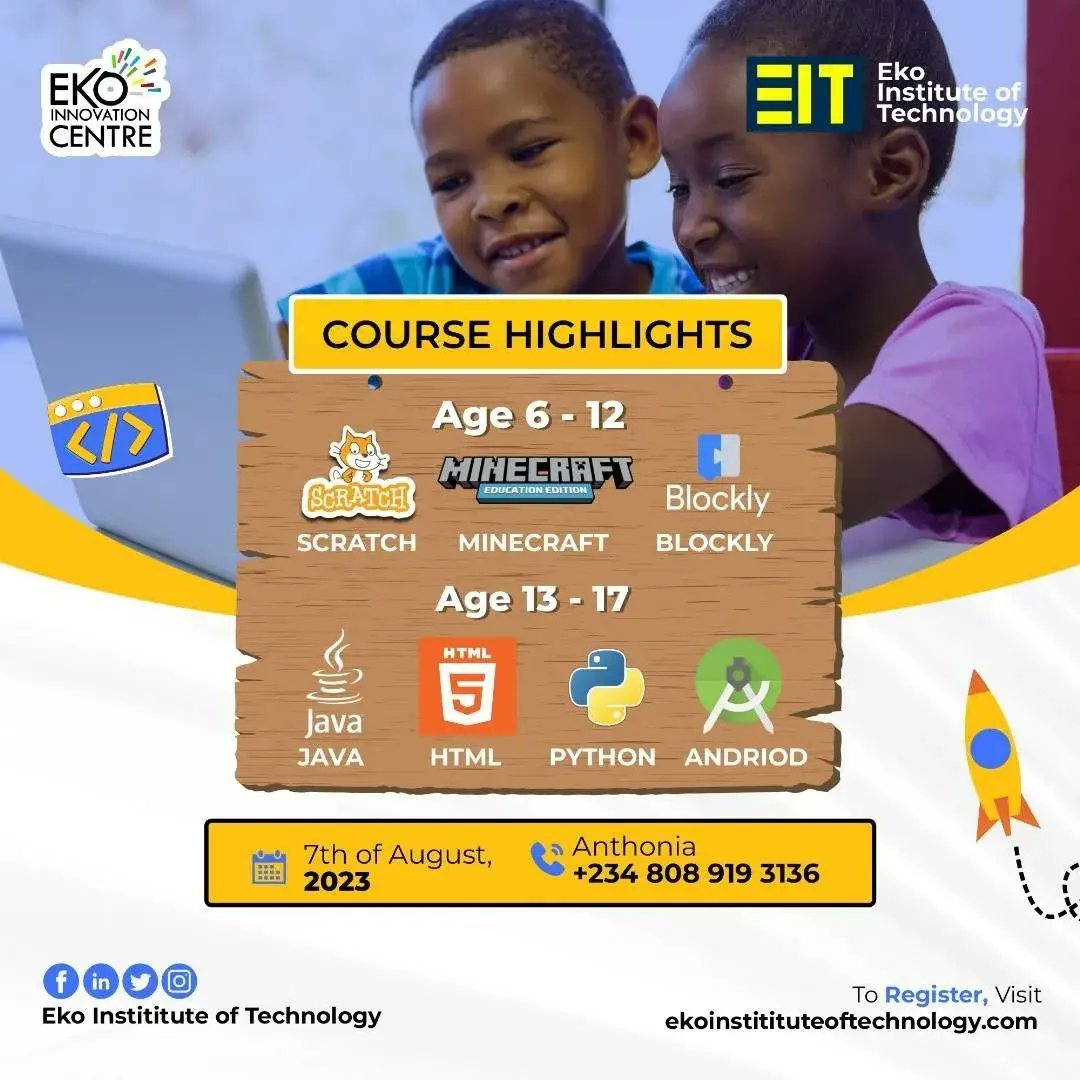 🚀 Unlock Your Child's Potential in Tech! 🌟
Looking for the perfect summer experience for your kids? 🌞 Look no further than Eko Institute Of Technology

👉 Join our exciting Teens/Kids Summer Tech Bootcamp starting on August 7th, 2023! 👩‍💻👨‍💻

#EIT #Kidsintech |Pooja| |Ben 10|