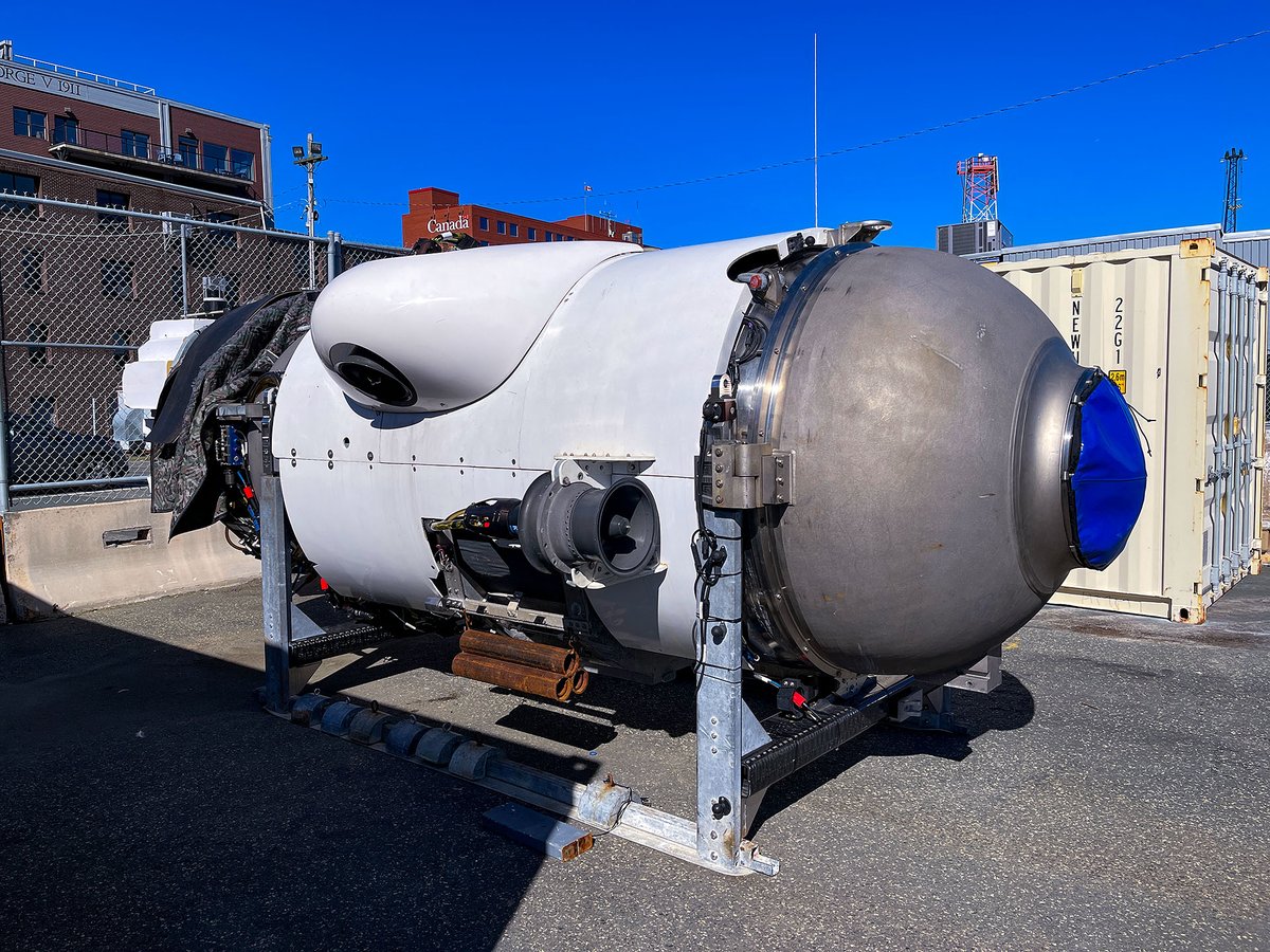 VolkerDiekamp's tweet photo. It looks like that this is presumably the #submarine #TITAN, which is currently missing in the #atlantic on an expedition to the #TITANIC. I shot these pictures in oct 22 (cruise #MSM111) in the harbour of St. John's, from where said expedition departed on 16.06.23. #oceangate https://t.co/uxURyZAS7Z