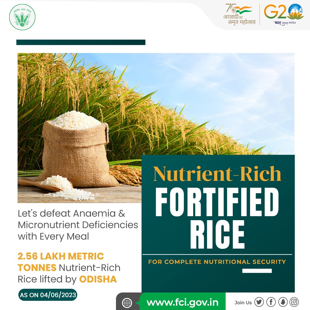 #FCI delivered 2.56 Lakh MT #NutrientRichRice among the people of #Odisha under ICDS, PM Poshan and #PMGKAY schemes for the quarter of April-June, 2023