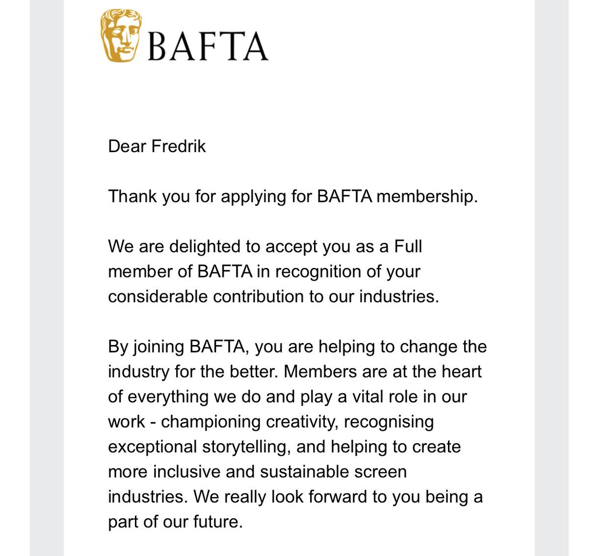 fredriklimi's tweet photo. Thrilled to be accepted as a @BAFTA member! https://t.co/XWWtMSWq4g