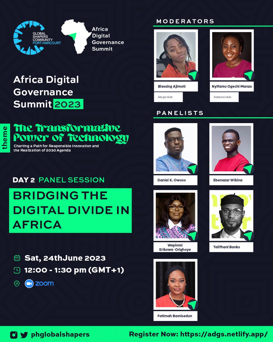 🌐 Let's bridge the digital divide in Africa! Join us for the 'Bridging the Digital Divide in Africa' session at the AFRICA DIGITAL GOVERNANCE SUMMIT 2023. 🌍✨ 

#ADGS2023 #DigitalGovernance #DigitalDivide #DigitalInclusion #TechnologyForAll