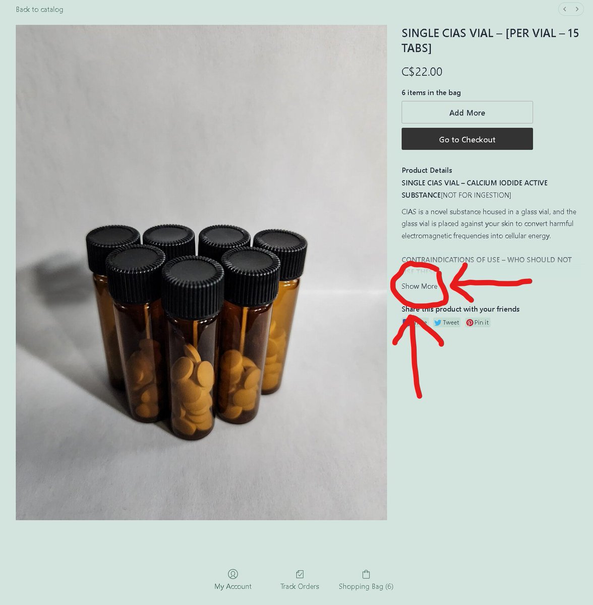 WitchDrTim's tweet photo. CIAS Release – Please read the information below.

Where to Purchase: https://t.co/4MiT24Kvq2

*** NOTE:  For Europeans and those in Australia and New Zealand, the shipping prices are obtained directly from Canada Post servers, but they always get them wrong and overcharge you. I have tried everything to resolve it, but nothing works. If you are overcharged for shipping, and people in those regions will be overcharged, any overcharge will be refunded once it is shipped, and we have the actual price. You only pay what I pay.

CIAS is a substance that is placed against the body, it is not ingested, and it is the substance that so many people have been commenting about that have tried it, on my profile. You do not ingest it! It is taped against the body using kinesiology or medical tape in the glass vials or transferred to small BPA-free plastic Ziploc bags.

This substance converts harmful electromagnetic frequencies into cellular energy. It expedites healing and muscle recovery, but it also increases physical strength up to a 100% increase, and physical endurance, and is more powerful as a pain reliever than oxycodone. Yes, simply by placing it against your body in the presence of EMFs. Not ingesting it!

I was not able to regain access to the website is I am still having issues receiving emails from my hosting provider, so what I need to tell you is that every one of you should click on this single vial option, regardless of whether you plan to purchase it in bulk put it in your own vials or small Ziploc bags or in single vials, and on the right-hand side of the page click on "See More" as shown in the graphic below.

This gives you more detailed information and identifies how to recharge the vials. They will last a lifetime if you do not get them wet or destroy them, but if you place them against metal for too long or the south pole of magnets, you will deactivate them, and they will not work.

Touching the tablets inside will also deactivate them. And you will have to recharge them if it is deactivated.

The substance inside is harmless. I would consume 500 of those tablets without hesitation and would not have a single side effect. They are not toxic. But they are dependent on the ionic charge to work effectively.

Most people simply charge them every night while they sleep to make sure they are always properly charged. But for people who do not expose them to metal, the south poles of magnets, or do not touch them, they can stay active for months or years without needing to be recharged.

This is another one of my discoveries that you should not underestimate. This is not a blocker of EMFs, it is a converter.

I look forward to surprising the heck out of all of you who tried them. :-)