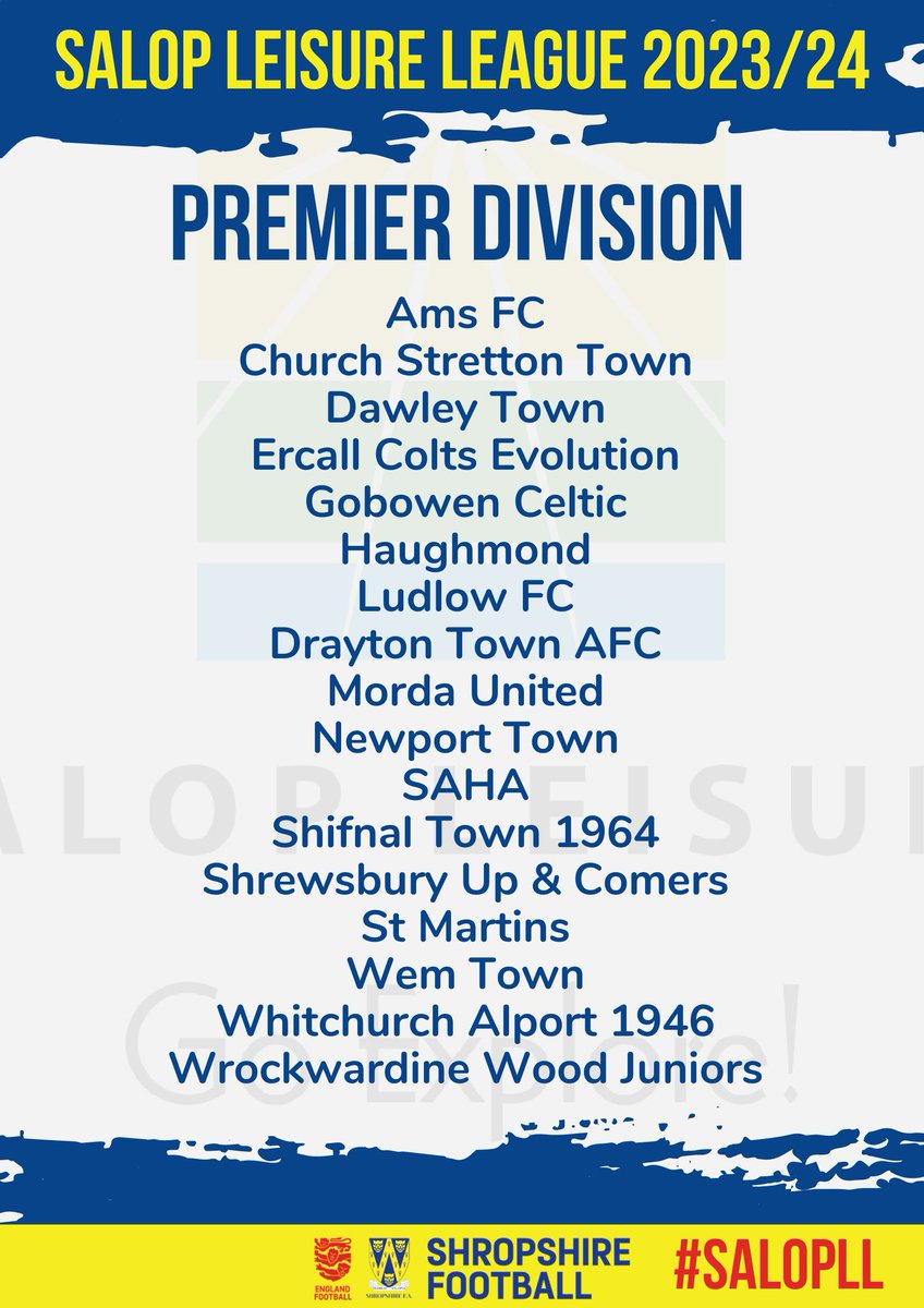 Salop Leisure League (@saloplleague) on Twitter photo The news you have all been waiting for ⚽️ The SLL 2023/2024 Premier Constitution. Welcome to the new clubs joining us <a href="/AmsFC1/">Ams FC</a>, <a href="/HaughmondFC/">Haughmond FC 🏴</a>, Drayton Town AFC, <a href="/Newport_Town_FC/">Newport Town FC</a> <a href="/TownShifnal/">Shifnal Town FC</a> 1964, <a href="/alportfc/">Whitchurch Alport Football Club</a> 1946 and of course our established clubs, wishing you all a great season! The news you have all been waiting for ⚽️ The SLL 2023/2024 Premier Constitution. Welcome to the new clubs joining us <a href="/AmsFC1/">Ams FC</a>, <a href="/HaughmondFC/">Haughmond FC 🏴</a>, Drayton Town AFC, <a href="/Newport_Town_FC/">Newport Town FC</a> <a href="/TownShifnal/">Shifnal Town FC</a> 1964, <a href="/alportfc/">Whitchurch Alport Football Club</a> 1946 and of course our established clubs, wishing you all a great season!