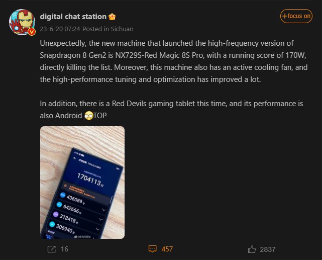 ZubeenKalita18's tweet photo. RedMagic 8S Pro To Feature Snapdragon 8+ Gen 2 SoC, Astounding AnTuTu Benchmark Score Revealed.
RedMagic Gaming Tablet is Also in the Works.
#RedMagic8SPro #Snapdragon8PlusGen2 https://t.co/2vhkFF2og9