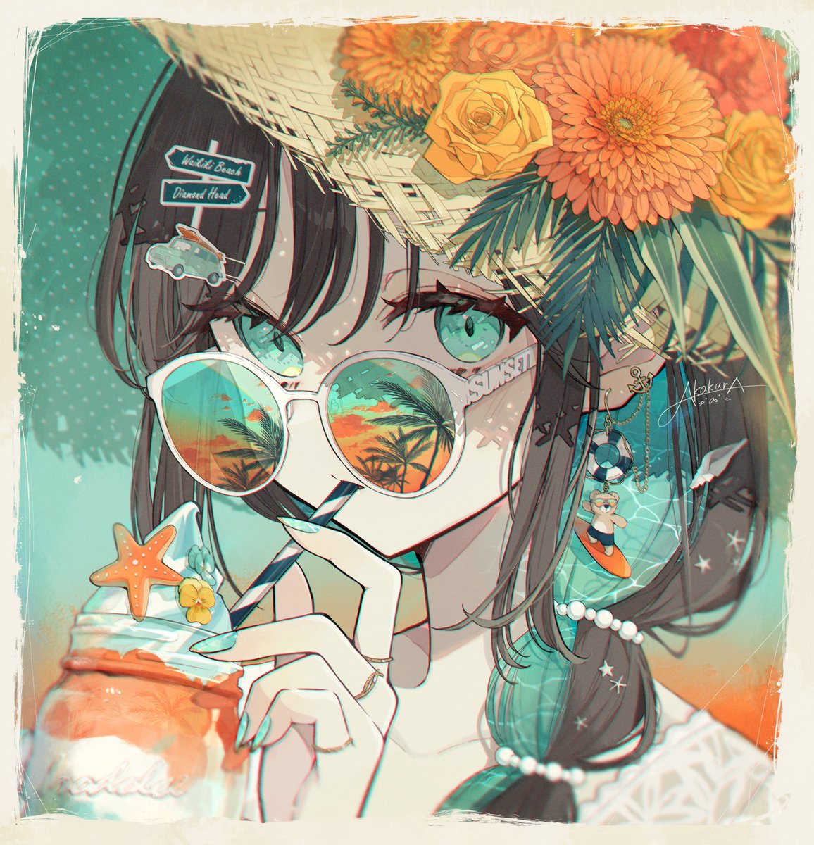 flower hat 1girl jewelry straw hat looking at viewer hair ornament  illustration images