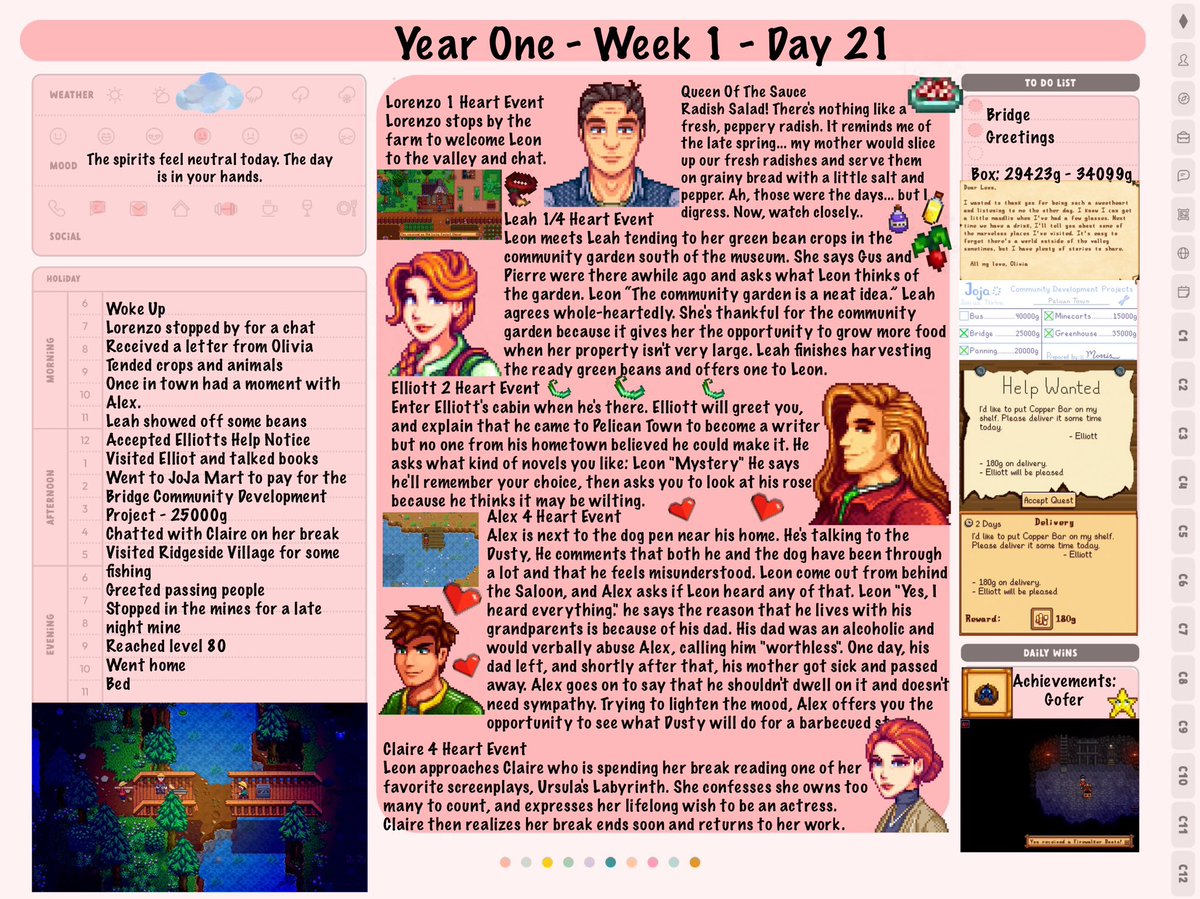 Neish39's tweet photo. 12 Heart Events in two days 🤪❤️❤️
Crops are raking in the G
Mods - Stardew Valley Expanded and Ridgeside Village mod
Planner - @yellowllamaco
#StardewValley #Gameplanner #StardewValleyExpanded #ridgesidevillage https://t.co/MxpHIAMTjZ