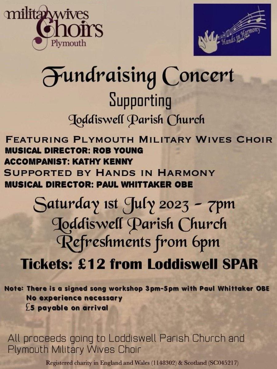 PlymouthMWC's tweet photo. This promises to be a wonderful evening - along with some fabulous new repetoire, we will be joined by the inspiring Hands in Harmony for some signed songs. We hope to see you there!
@HandsinHarmony_
#loddiswell #loddiswellparishchurch #militarywiveschoirs #military #choir https://t.co/EXkm5hg7AV