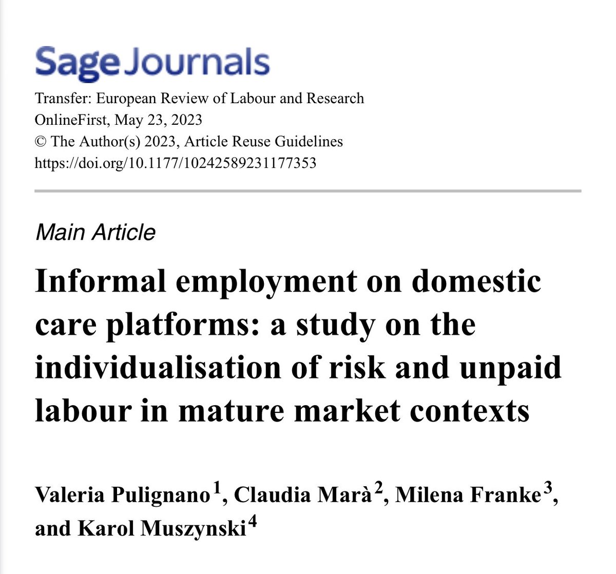 How and in which ways does #care work mediated by #platforms perpetuate the invisibility and informality of such work through individualising risk? Find out in the recent article by @valeriapuligna2 et al. ➡️ journals.sagepub.com/doi/10.1177/10…