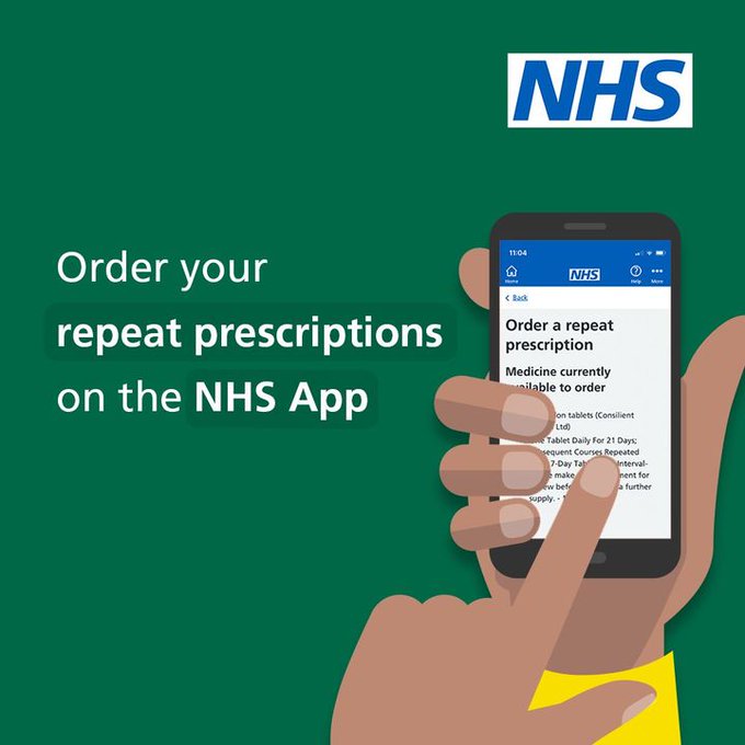 An illustration of someone using the NHS app on a smartphone to order a repeat prescription.

Text reads 'Order your repeat prescriptions on the NHS App.'

The NHS logo features in the top right of the image.