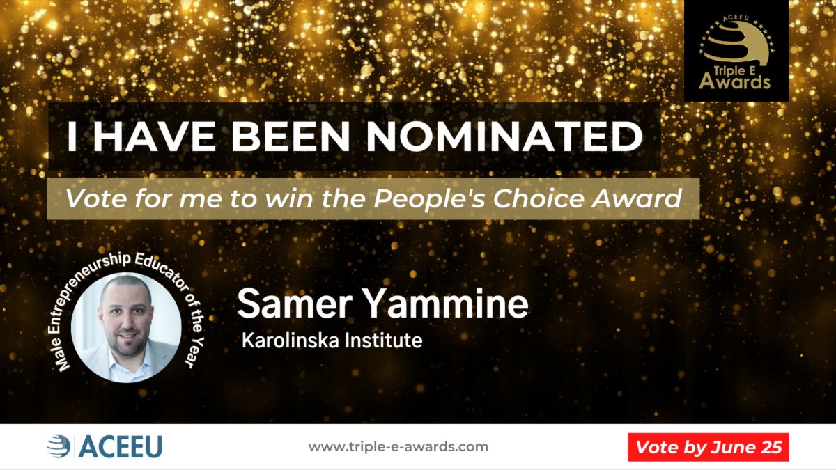 Hello compats!
Let us all vote for #DrSamerYammine who is among the top 5 finalists for the prestigious price ‘’Entrepreneurship Educator of the Year’’ by #ACEEU

💥Like (250 points) &amp; retweet (500 points)
💥Vote at triple-e-awards.com/index/finalist…

#ACEEU_Awards #2023Entry569