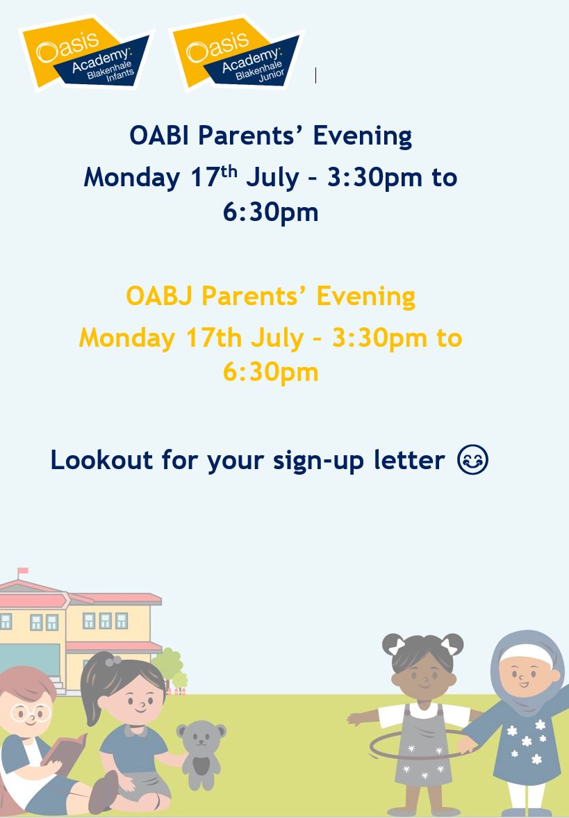 OABLJ's tweet photo. Parents' Evening in coming soon!  Look out for a letter next week and we look forward to celebrating your child's successes this year 🥰 @OABlI #family #community #celebrate https://t.co/5cOSYX0btc