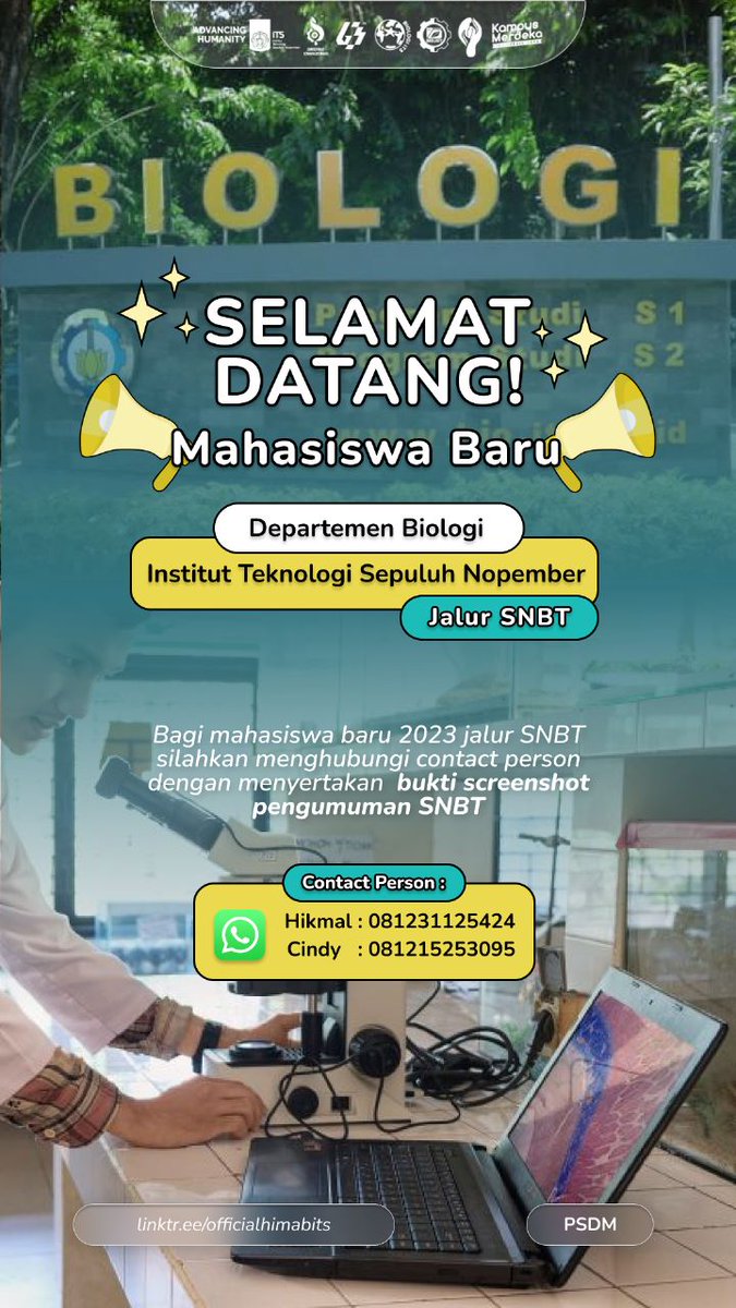 ambisvibesonly's tweet photo. Selamat Datang Mahasiswa Baru Biologi ITS 2023 Jalur SNBT🎉
jangan lupa hubungi cp berikut yaa! https://t.co/RIUenrTfIk
