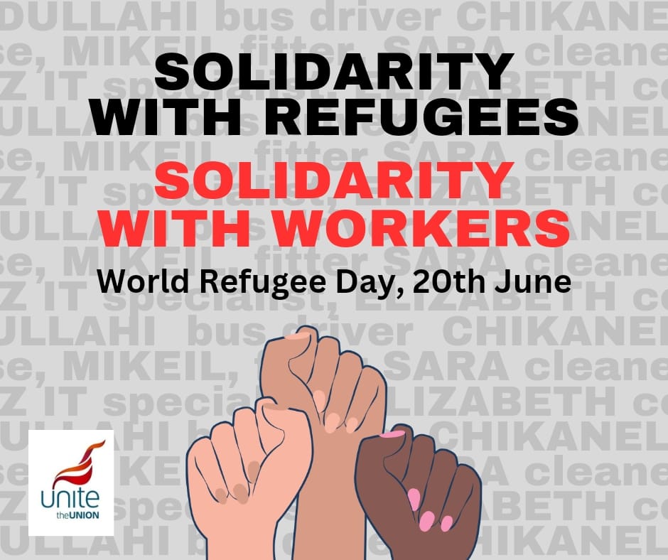 Solidarity with refugees, solidarity with workers! | Click through to read #WorldRefugeeDay message from the chair of Unite’s Irish Executive Committee Jeff Robinson tinyurl.com/2s3kz22d