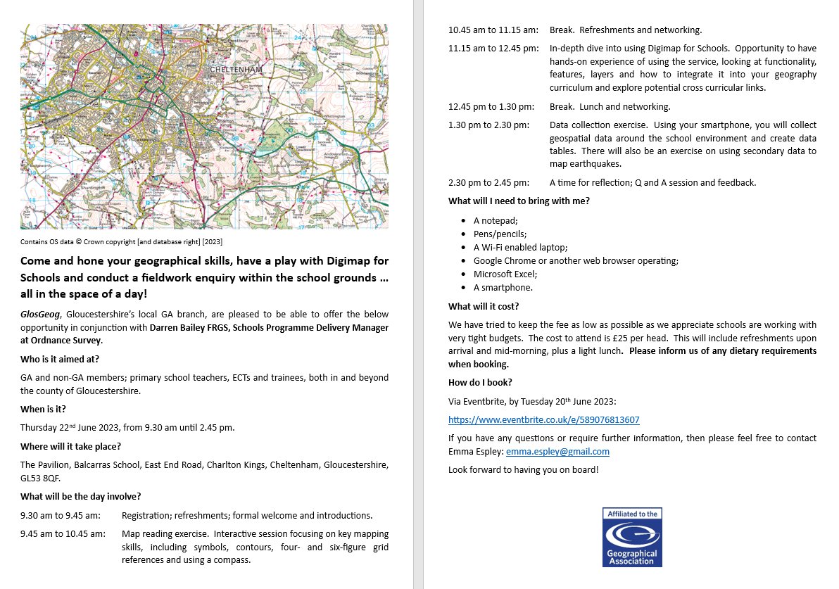 @Digimap4Schools @OrdnanceSurvey @BalcarrasTSH @OdysseyTSHub @SOEBristol @lightinguplearn @Southgloshead @The_GA @glosdiocschools @CheltEduPart @education_uw @glosgeog @SouthBhamSCITT @GITEP1 @RGS_IBGschools
Last day for bookings!
Too good an opportunity to miss!
Great value too!