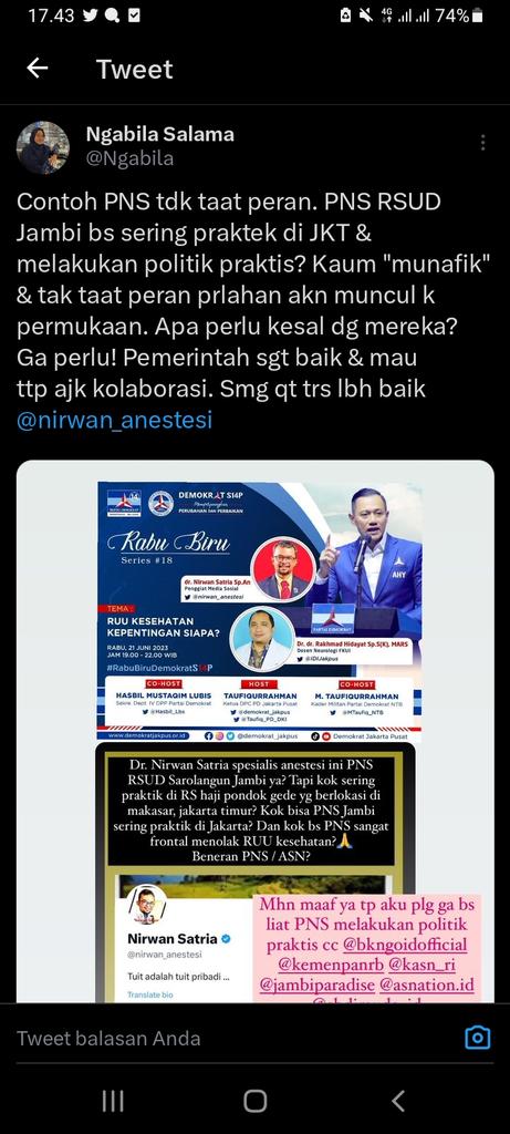 Kepada sdri <a href="/Ngabila/">Ngabila Salama</a> !! Saya sebagai co-host Program Rabu Biru sangat keberatan karena anda mencatut flyer program kami dengan Narasi yang menyudutkan Narasumber kami.