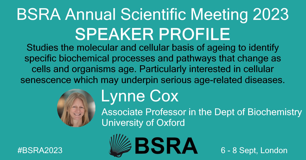 British Society for Research on Ageing (@bsrageing) on Twitter photo Lynne Cox will be presenting at our annual scientific meeting (6-8 Sept, <a href="/UniWestminster/">University of Westminster</a>) <a href="/OxAgeN_oxford/">Lynne Cox</a>
Associate Prof in Dept of Biochemistry at University of Oxford <a href="/BiochemOxford/">Department of Biochemistry at Oxford University</a>
Come and hear her talk! #BSRA2023
#ScienceConference #ageing #research
meetinghand.com/e/bsra-annual-… Lynne Cox will be presenting at our annual scientific meeting (6-8 Sept, <a href="/UniWestminster/">University of Westminster</a>) <a href="/OxAgeN_oxford/">Lynne Cox</a>
Associate Prof in Dept of Biochemistry at University of Oxford <a href="/BiochemOxford/">Department of Biochemistry at Oxford University</a>
Come and hear her talk! #BSRA2023
#ScienceConference #ageing #research
meetinghand.com/e/bsra-annual-…