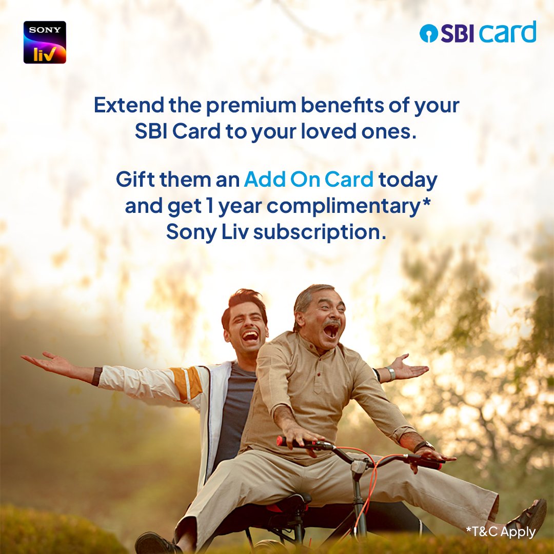 SBICard_Connect's tweet photo. Our Add-On card allows you to extend the benefits of your credit card to your loved ones, making life's experiences even more rewarding. 💳🤝
Get 1 Year Complimentary Sony Liv Subscription*
Know more: https://t.co/H3tl4nFJ9a
*T&C Apply
#SBICard #AddOnCard #PerfectGift https://t.co/viNnZyjFrG