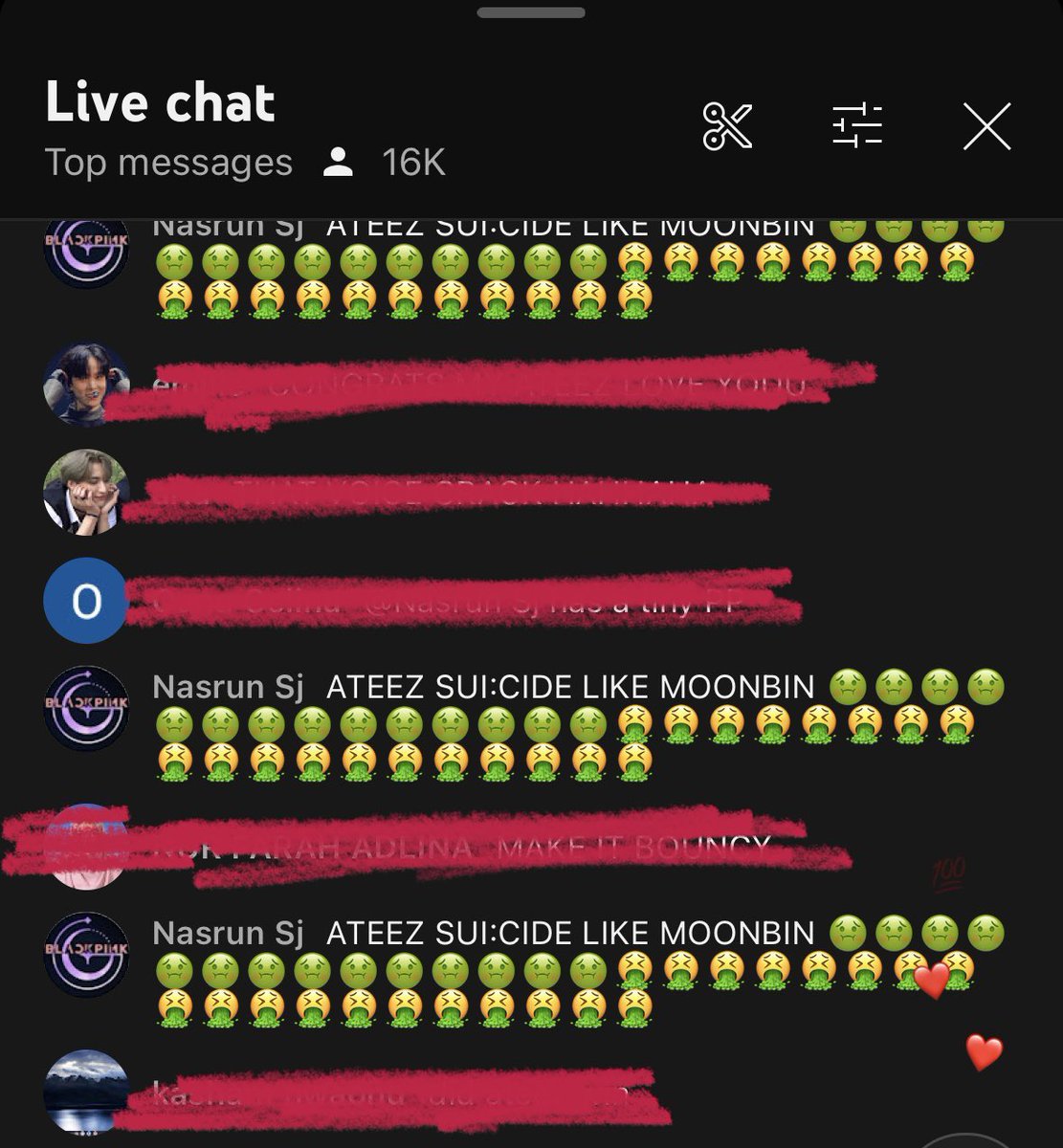 jeongyunhogizer's tweet photo. To all the kpop fans, it is a huge request to help us get rid of this account on YouTube. They have been commenting the same thing on EVERY live of Ateez’s- even members’ solo lives. Atinys are always fearful that one of the boys will see these comments. Please help us report. https://t.co/fskxH2K57D