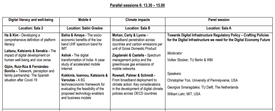 See you at 1.30 pm for another round of talks &amp; presentations at #ITSEurope23

✍️#DigitalLiteracy &amp; #Wellbeing (Sala 2)
📲 #mobile (Salon de Grados)
🌀 #climate impacts (Sala B)

+ a panel session on 'Crafting #DigitalInfrastructures #Policies for the #DigitalEconomy' (Sala A)