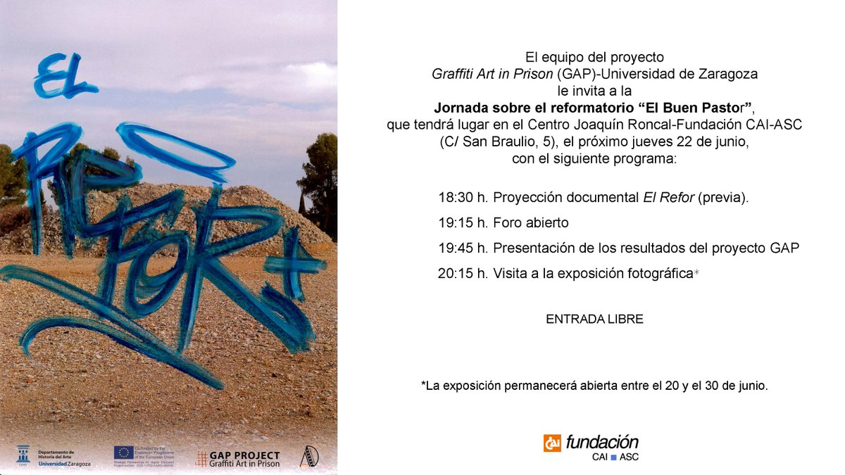 GAP_ArtPrison's tweet photo. 🚨Multiplier Event 🚨University of Zaragoza (@unizar) 

📢Forum dedicated to the memory of the 𝐑𝐞𝐟𝐨𝐫𝐦𝐚𝐭𝐨𝐫𝐢𝐨 𝐄𝐥 𝐁𝐮𝐞𝐧 𝐏𝐚𝐬𝐭𝐨𝐫 (Valdefierro)

📍Centro Joaquín Roncal @FCajaInmaculada 

📅 jueves 22 de junio

⏰18.30

We invite all citizens to participate ‼️ https://t.co/r4GcAos4SP