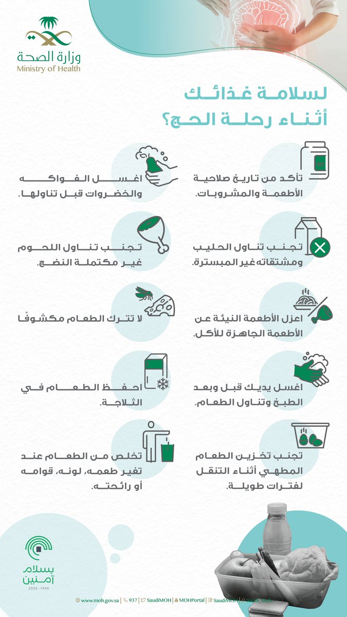 SaudiMOH's tweet photo. نصائح للتأكد من سلامة غذائك أثناء الحج.
#حج_بصحة https://t.co/BsZx446vkp