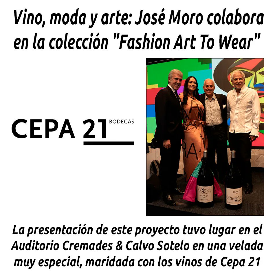 VINO, MODA Y ARTE: JOSÉ MORO COLABORA EN LA COLECCIÓN 'FASHION ART TO WEAR'

hosteleriaenvalencia.com/noticias.asp?i…
@Cepa21Bodegas #BodegasCepa21 #JoseMoro #HosteleriaEnValencia #Vitucultores #BodegaVallisoletana #RiberaDelDuero #Cepa21 #Bodegas #AuditorioCremades #VinosCepa21 #FashionArtToWear