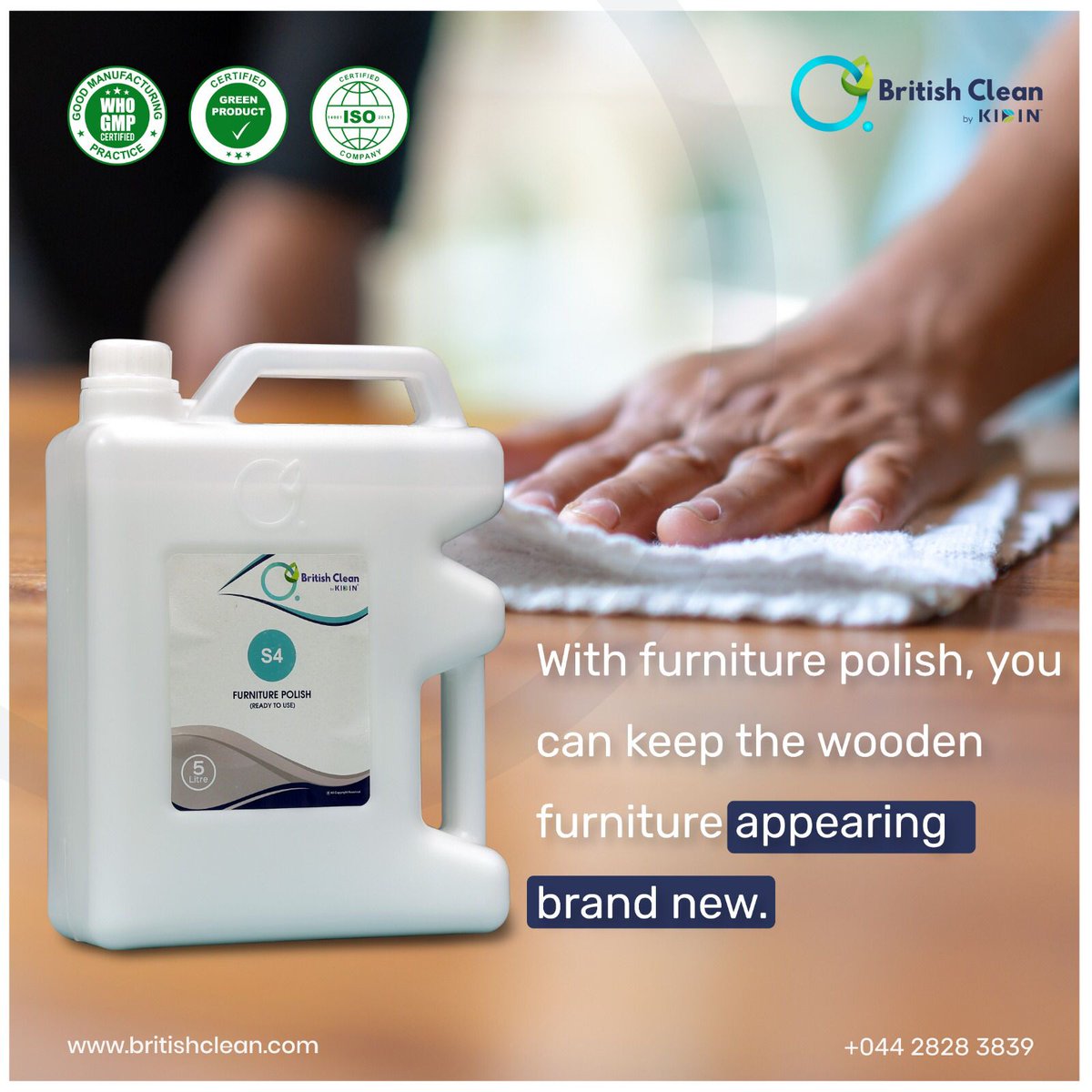Bring back the shine and shimmer! Give your wooden furniture and leather surfaces a makeover with our expertly designed '#FurniturePolish'.

For orders :
Call - 044 28283839
Mail us at - info@britishclean.com

#britishclean #cleaning #clean #dishwash
