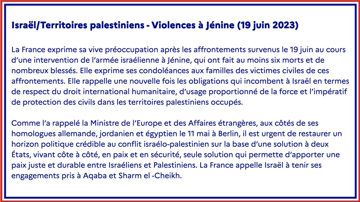 #Israël/#Territoirespalestiniens | Violences à Jénine (19 juin 2023)

Déclaration intégrale ➡️ fdip.fr/bWrAU4jB