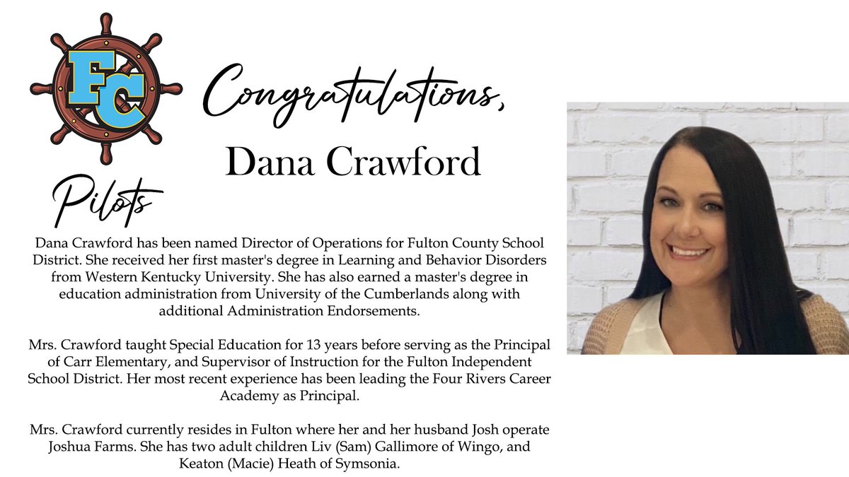 Dana Crawford has been named Director of Operations at Fulton County Schools. Congratulations!