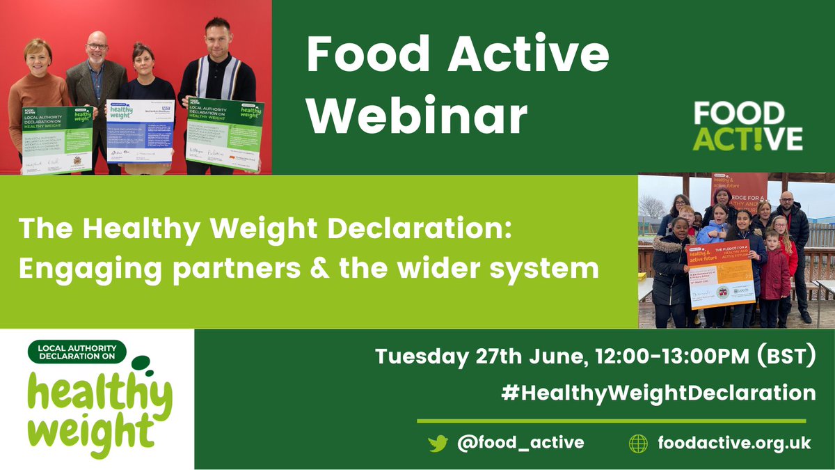 food_active's tweet photo. 1 week to go until our upcoming webinar!
Join us next Tuesday to find out about new #HealthyWeightDeclaration tools designed to support place-based and whole systems approaches to healthier weight.
Register for your tickets here 👉 https://t.co/FJpDrdmfDx @robinHEG https://t.co/ocATLJTlra