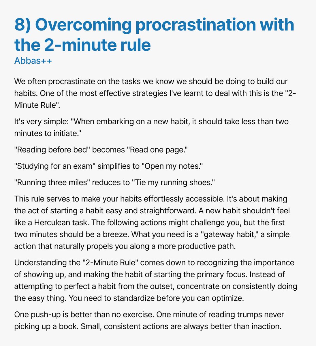 The 2-minute rule is one of the most effect effective strategies I learnt from Atomic Habits by @JamesClear.

#ship30for30 #buildinpublic #atomichabits #habits #productivity