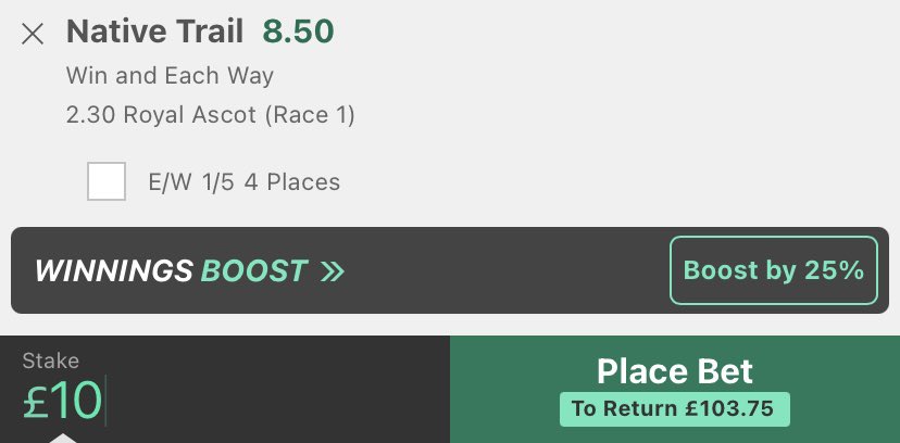 Stan4Chain's tweet image. 2:50 Royal Ascot 🐎

🔹Stake £10 on Native Trail to win on Bet365 with odds boosted @ 10.375 🟢

🔹Lay £10 on Native Trail to win on Smarkets @ 8.80 ⚫️

🔹Risk Free shot at £15.75 🔥

#NativeTrail #RoyalAscot