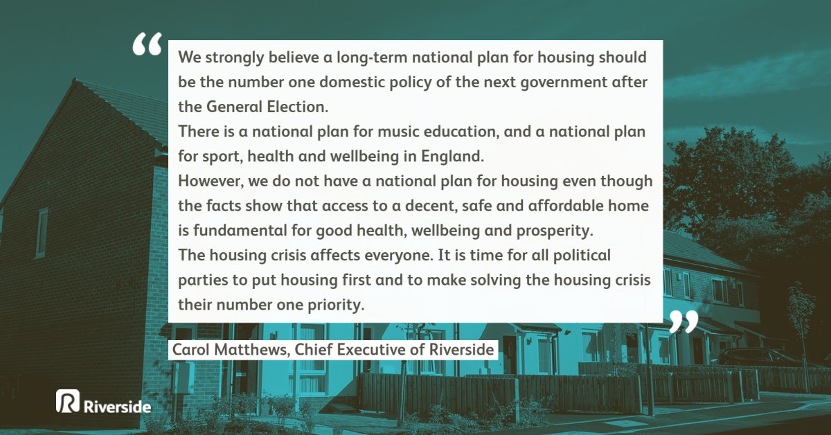 Today we join <a href="/natfednews/">National Housing Federation</a> in making the case to all parties for a long-term plan for #AffordableHousing housing.org.uk/long-term-plan

<a href="/YouGov/">YouGov</a> polling shows UK voters agree we need more #SocialHousing

Read our Chief Executive @RiversideCarol’s response below 👇