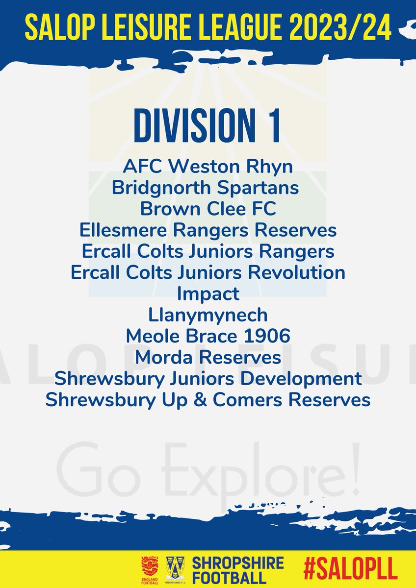 Further news!!⚽️ The SLL 23/24 Division 1 currently looks like this. Welcome to the new clubs joining us @AFCWestonRhyn Bridgnorth Spartans @Impactunitedfc Meole Brace 1906 @MordaUnitedFC Res @UpnComersMensFC Res and of course our established clubs, wishing you all a great season