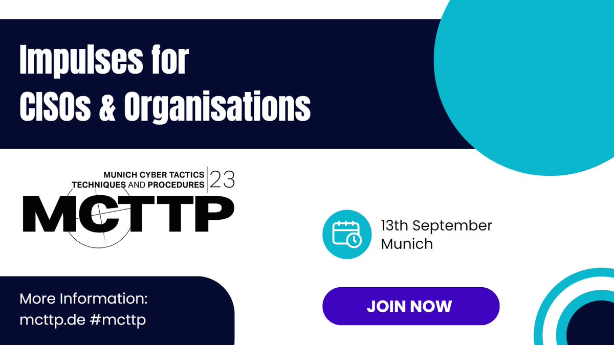 Munich Cyber Tactics, Techniques and Procedures (@mcttp_con) on Twitter photo "The upcoming EU cybersecurity legislation –
what do companies need to prepare for?"
by <a href="/ChCallewaert/">Christoph Callewaert</a> – a talk you cannot miss!
Join the mcttp-community today: mcttp.de/?utm_source=TW…
#mcttp23 #infosec #redteam "The upcoming EU cybersecurity legislation –
what do companies need to prepare for?"
by <a href="/ChCallewaert/">Christoph Callewaert</a> – a talk you cannot miss!
Join the mcttp-community today: mcttp.de/?utm_source=TW…
#mcttp23 #infosec #redteam