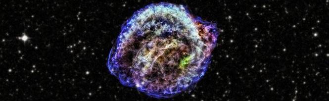 This is the remnant of Kepler's supernova, the famous explosion that was discovered by Johannes Kepler in 1604. These colors show low, intermediate and high energy X-rays observed with NASA's Chandra X-ray Observatory, and the star field is from the Digitized Sky Survey.