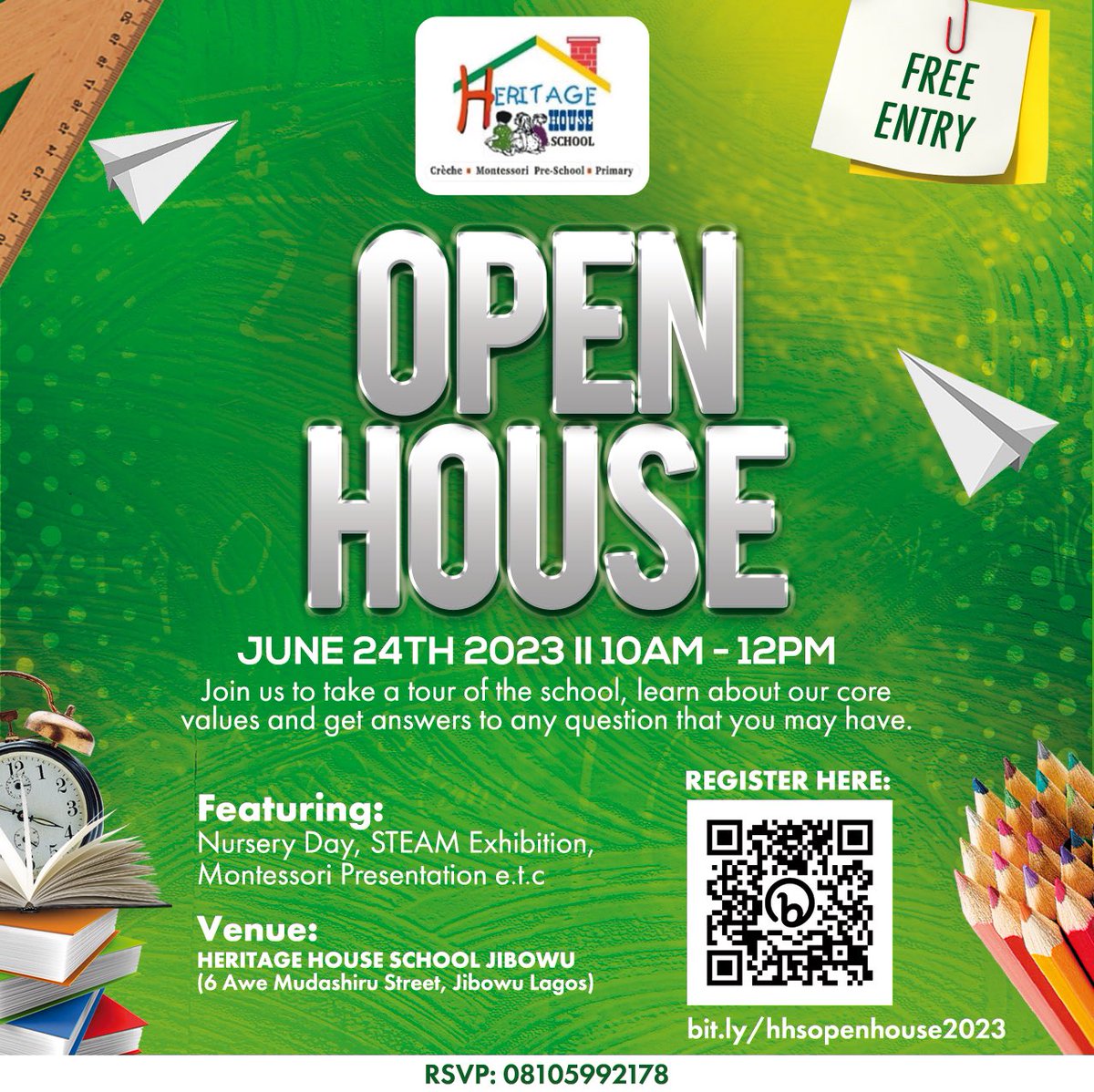 heritagehouse3's tweet photo. COME ONE, COME ALL! 

The gates of our Prestigious Montessori School would be opened to the public on the 24th of June, 2023 from 10am-12pm. 

This event sets to answer all questions you may have for the school, check out classrooms, facilities and even showcase presentations https://t.co/1Nigqlq6Xh