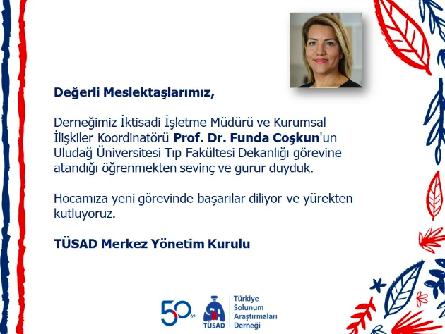 solunum's tweet photo. Derneğimiz İktisadi İşletme Müdürü ve Kurumsal İlişkiler Koordinatörü Prof. Dr. Funda Coşkun'un Uludağ Üniversitesi Tıp Fakültesi Dekanlığı görevine atandığı öğrenmekten sevinç ve gurur duyduk.

Hocamıza yeni görevinde başarılar diliyor ve yürekten kutluyoruz. https://t.co/bSntPgEwWj