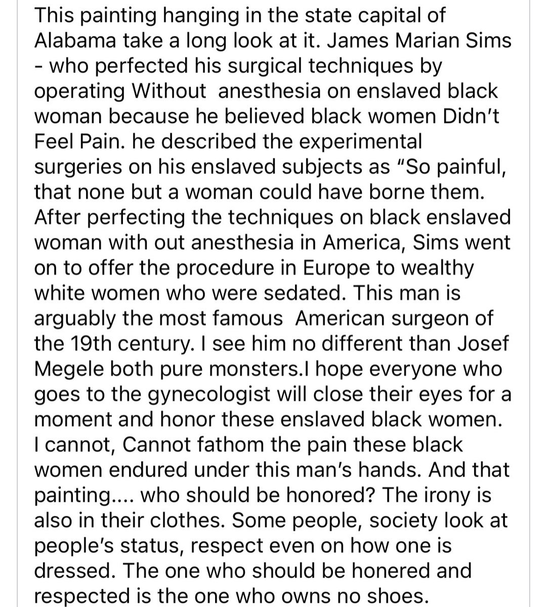 TerryAnn1219's tweet photo. This made me cry. This painting hanging in the state capital of AL. James Sims practiced his surgical techniques operating without anesthesia on enslaved black women because he believed black women didn’t feel pain. Sims was no different than Josef Megele both pure monsters. #BLM https://t.co/IOWJz3x0Uo