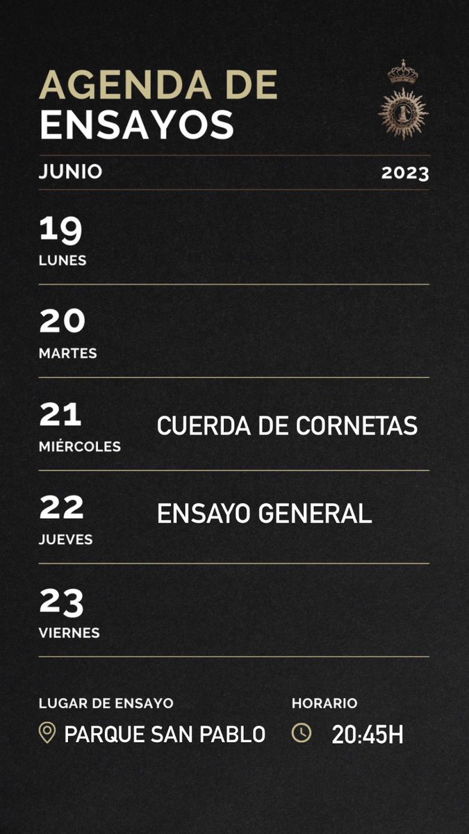 AMazotes's tweet photo. Continuamos los ensayos! 

🗓️ 21 de junio: cuerda de cornetas 
🗓️ 22 de junio: ensayo general 
📍 Parque San Pablo (a las 20:45h ambos ensayos). https://t.co/LdM9NpnPOk