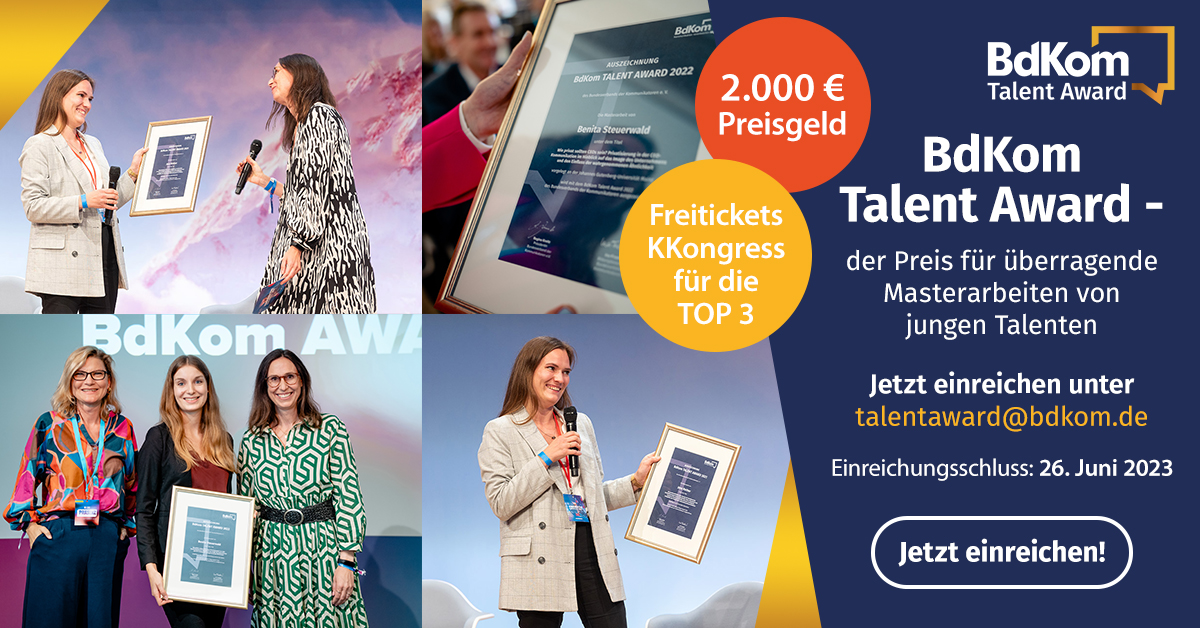 bdkom's tweet image. LAST CALL! Absolvent*innen und Young Professionals, ihr habt noch 6 Tage Zeit, eure Masterarbeit für den BdKom Talent Award einzureichen! 
Alle Infos findet ihr hier: bdkom.de/talent-award

#KommunikationVerantworten